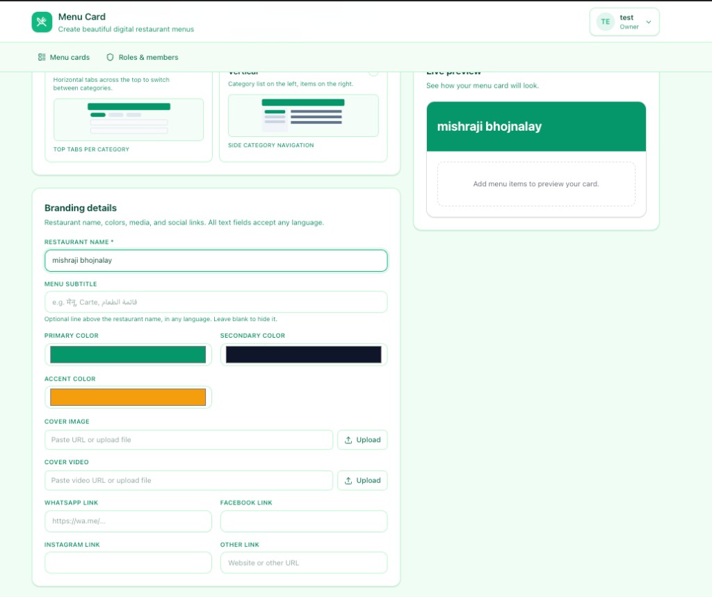 Brand your menu with colors, cover media, and social links