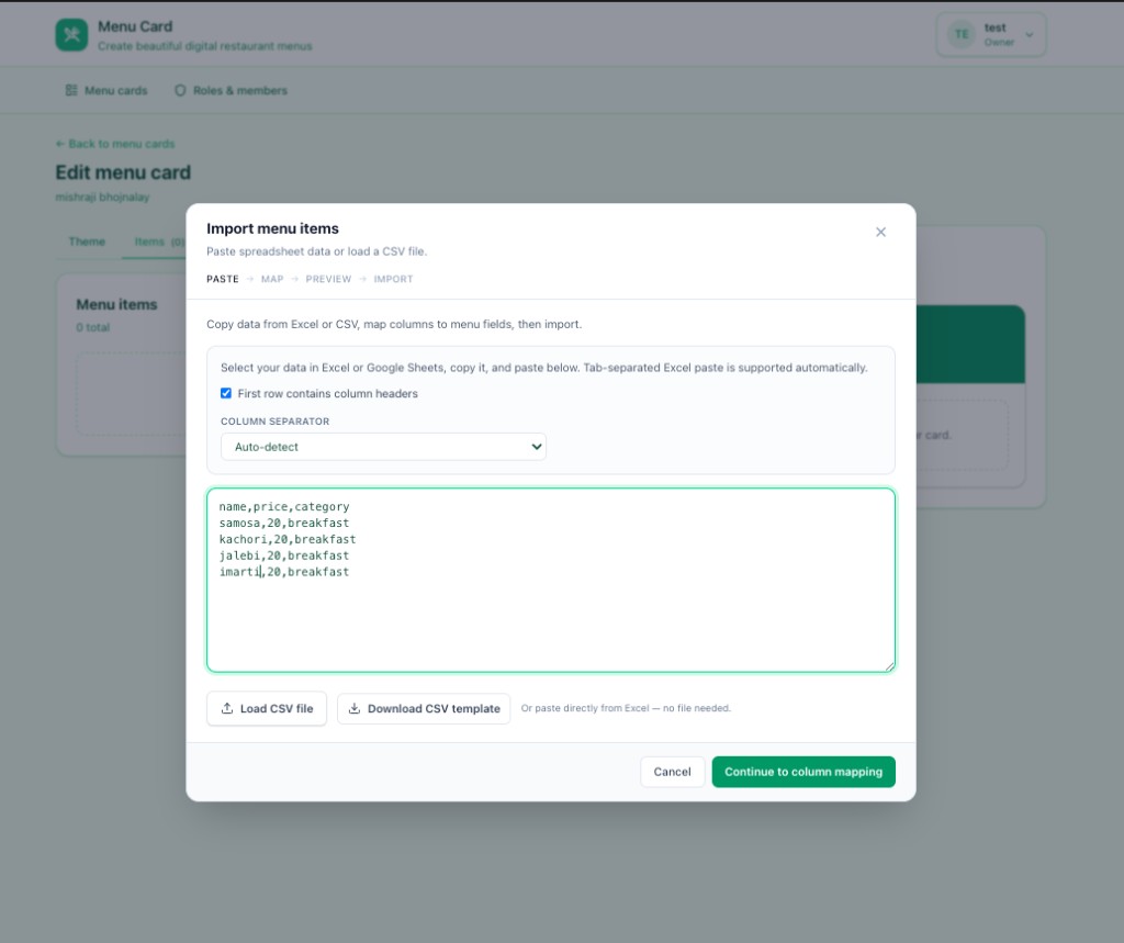 Bulk import menu items from spreadsheets or CSV