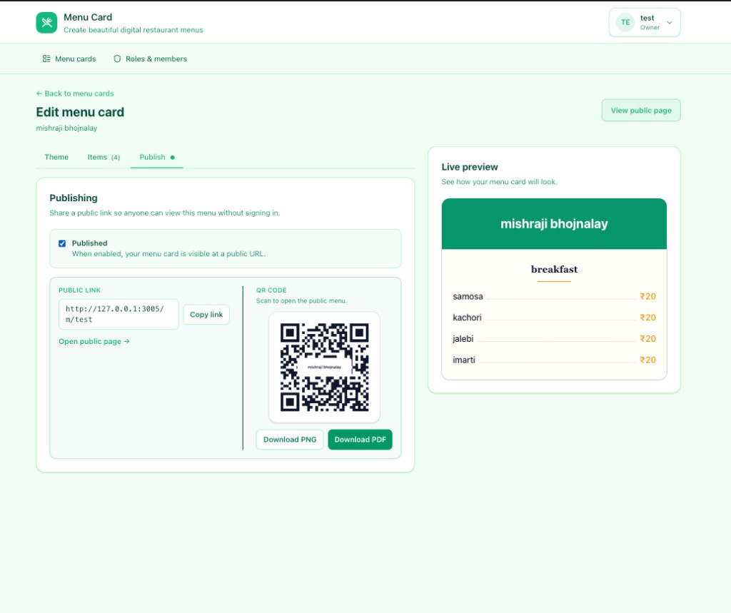 Publish a public link and download QR codes for tables